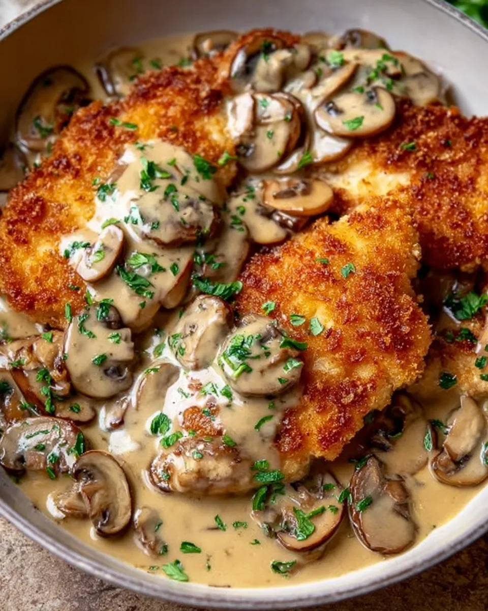 Golden crispy chicken with parmesan mushroom sauce