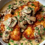 Crispy golden chicken breasts topped with creamy parmesan mushroom sauce on a white plate