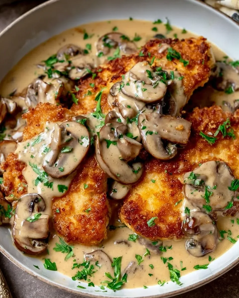 Crispy golden chicken breasts topped with creamy parmesan mushroom sauce on a white plate