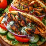 Greek chicken gyros wrapped in pita bread with lettuce, tomato, and cucumber tzatziki