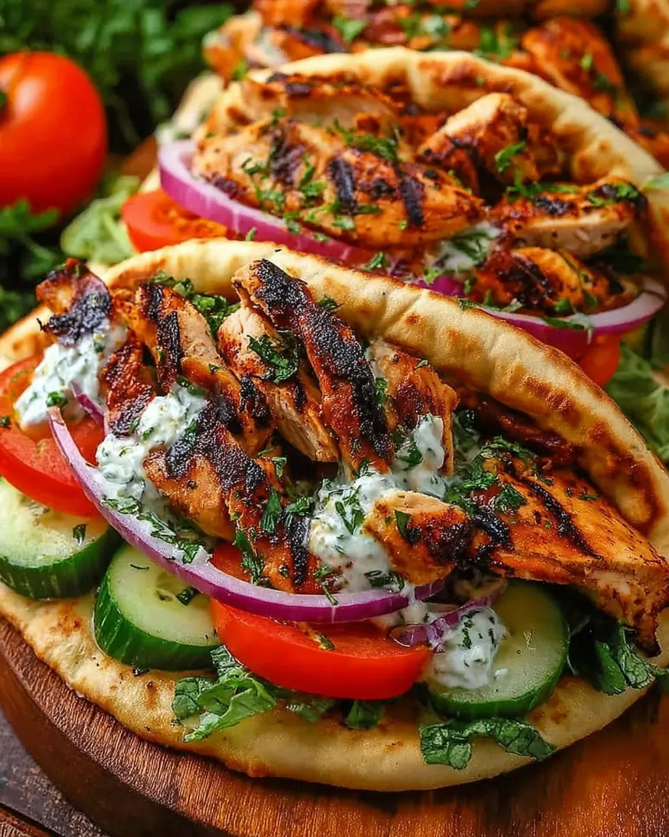 Greek chicken gyros wrapped in pita bread with lettuce, tomato, and cucumber tzatziki