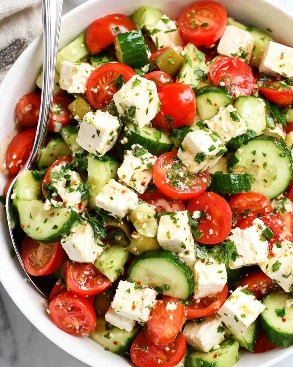 Fresh Greek salad with cucumber, tomato, red onion, olives, and feta cheese in a white bowl