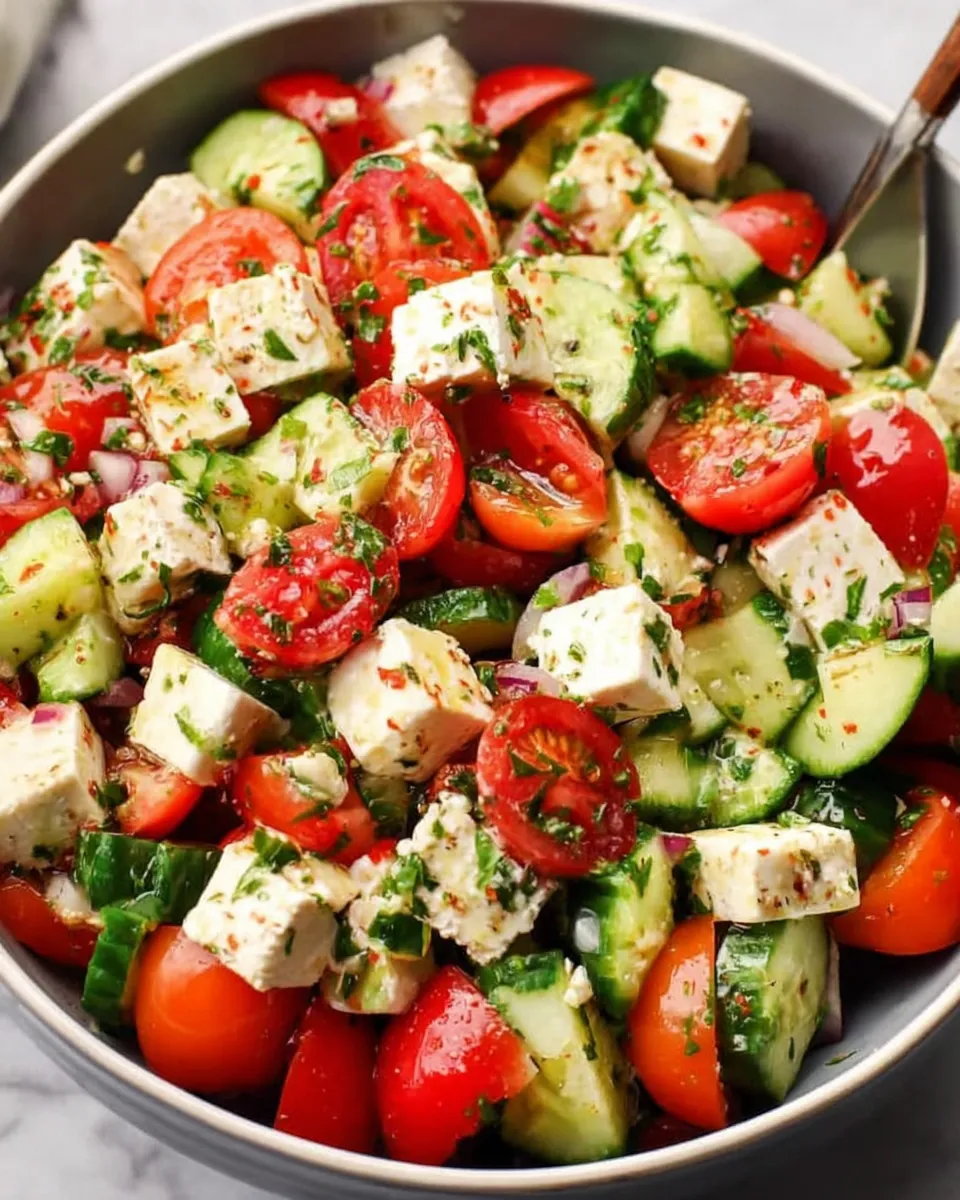 Fresh Greek salad with cucumber, tomato, red onion, olives, and feta cheese in a white bowl