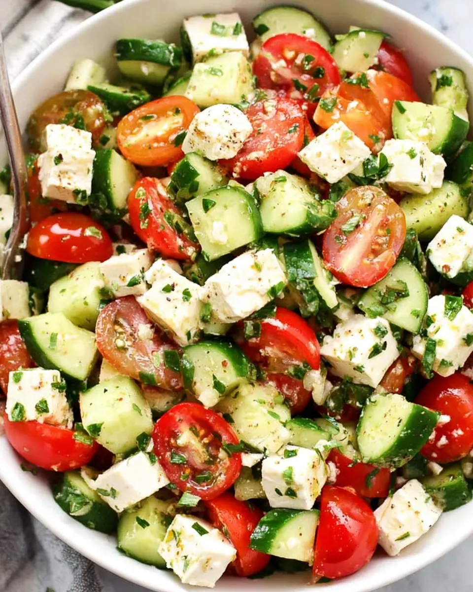 Fresh Greek salad with cucumber, tomato, red onion, olives, and feta cheese in a white bowl