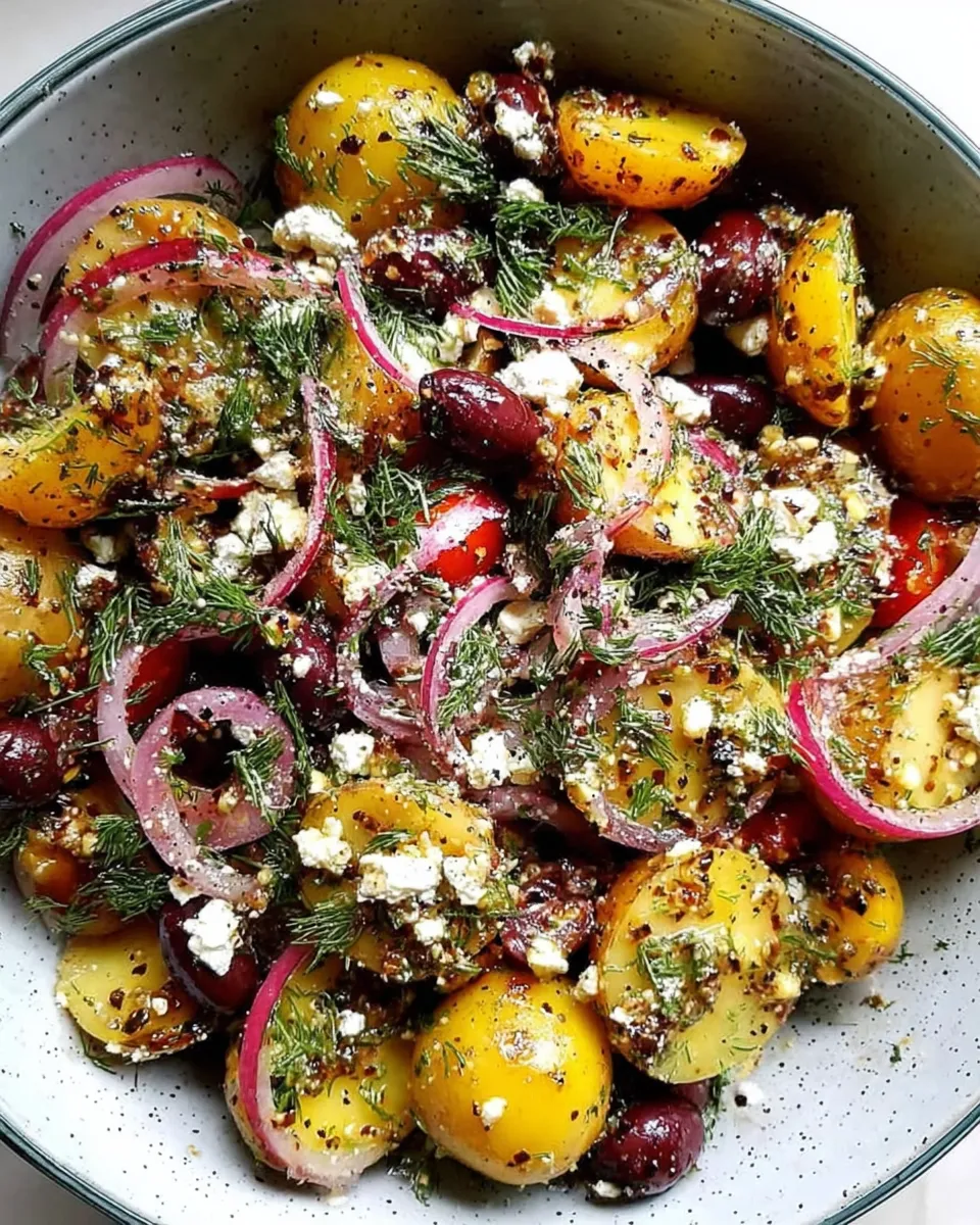 Greek potato salad being tossed in bowl
