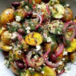 Greek Potato Salad served with feta and olives