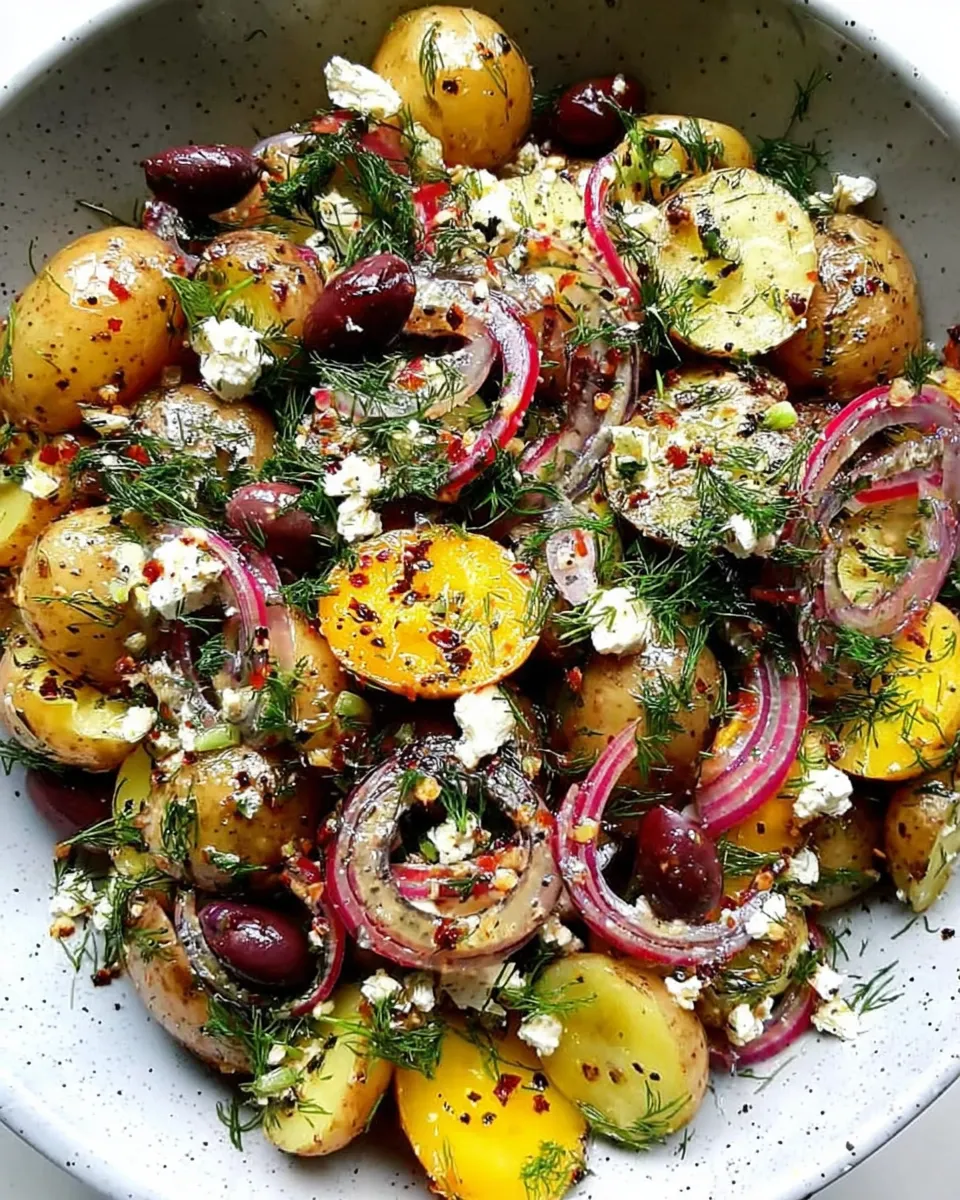 Greek Potato Salad served with feta and olives
