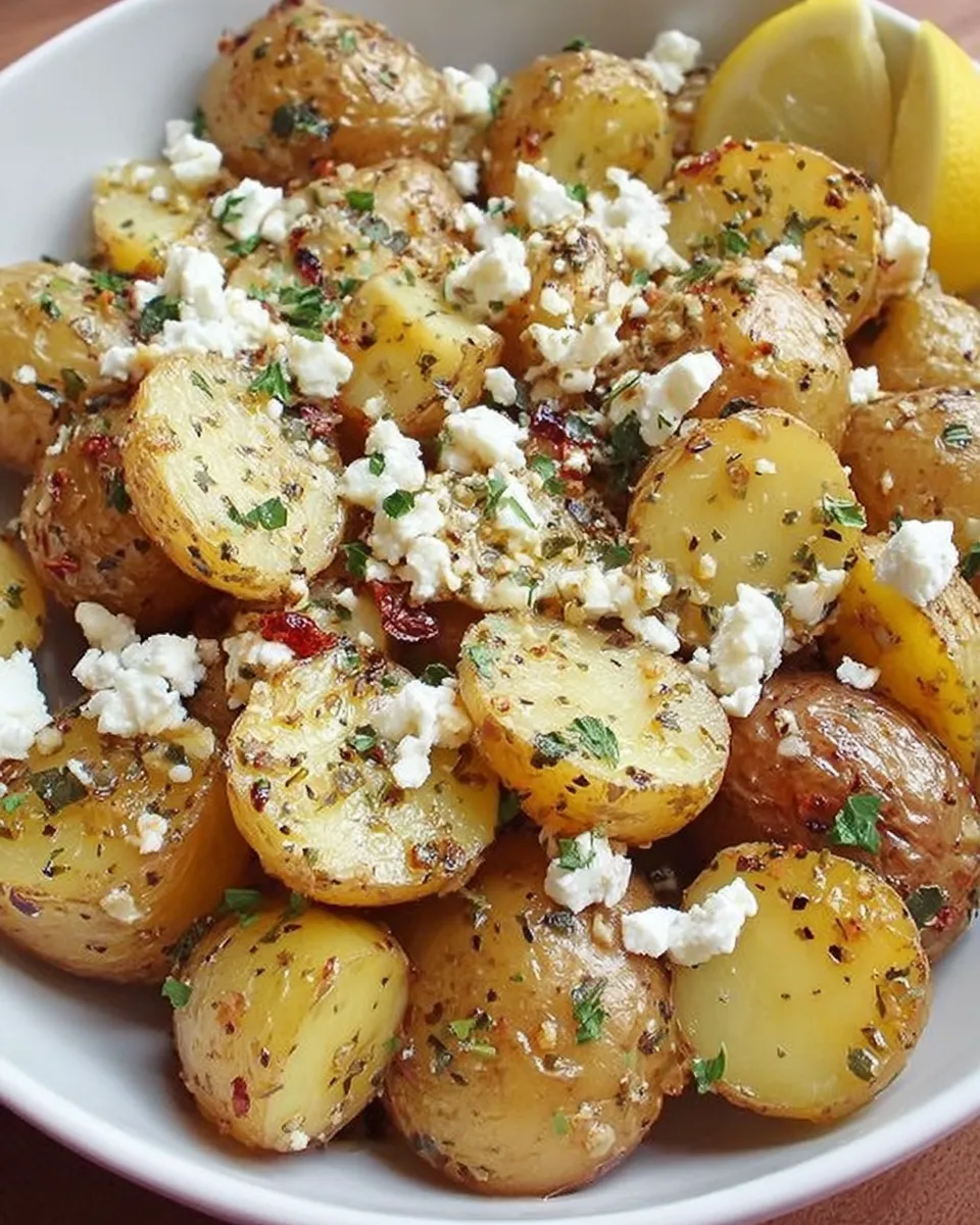 Greek lemon potatoes with feta cheese and herbs