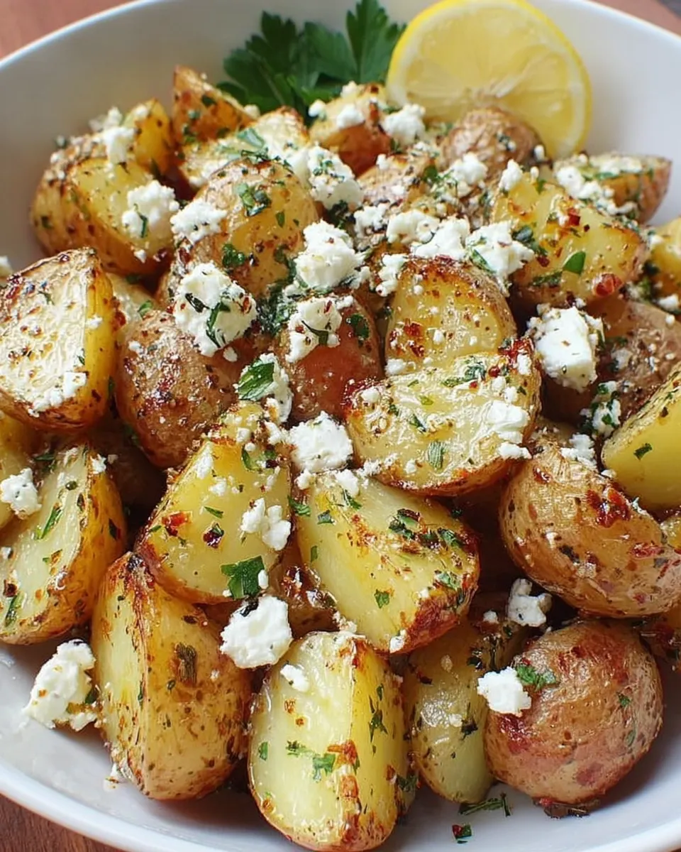 Greek potatoes with feta and parsley in white dish