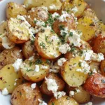 Greek-style roasted potatoes with lemon slices and crumbled feta on top
