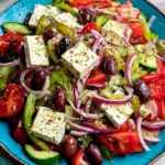 Authentic Greek Horiatiki salad with cucumbers, tomatoes, feta, olives, and onions