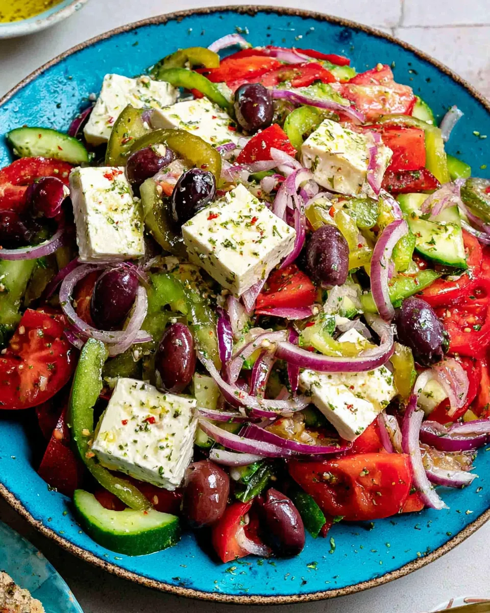 Authentic Greek Horiatiki salad with cucumbers, tomatoes, feta, olives, and onions