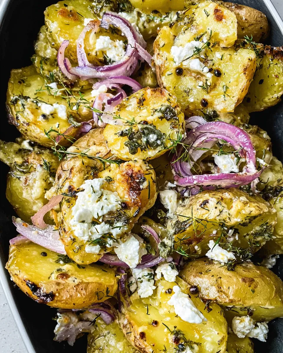 Crispy Greek smashed potatoes topped with crumbled feta and fresh herbs
