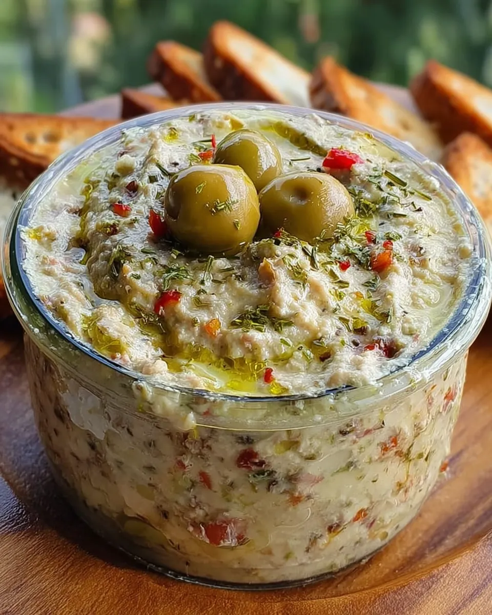 Green olive dip in a bowl garnished with chopped olives and parsley, served with crackers