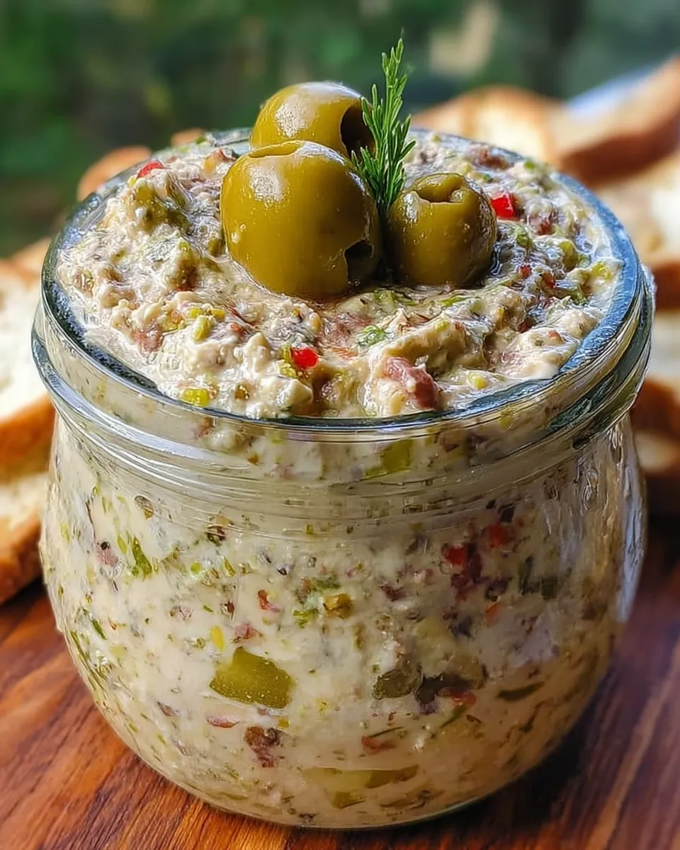 Green olive dip in a bowl garnished with chopped olives and parsley, served with crackers