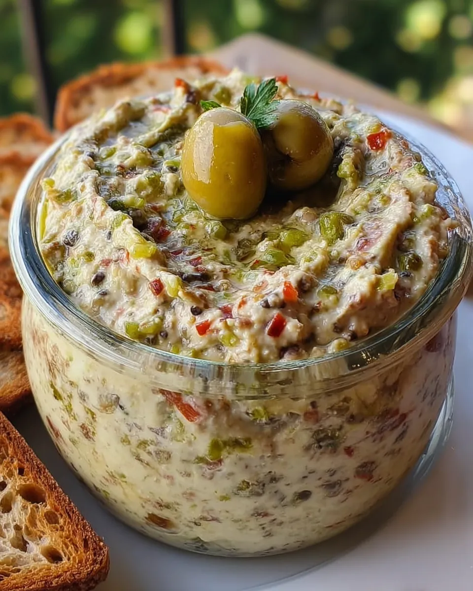 Green olive dip in a bowl garnished with chopped olives and parsley, served with crackers