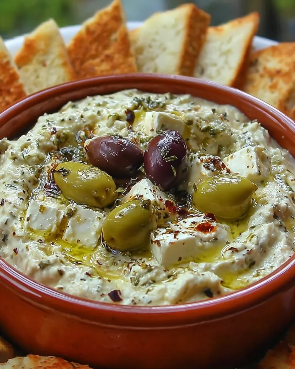 Green olive and feta cheese dip with pita