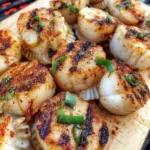 Perfectly grilled scallops with char marks, served with lemon wedges and fresh herbs
