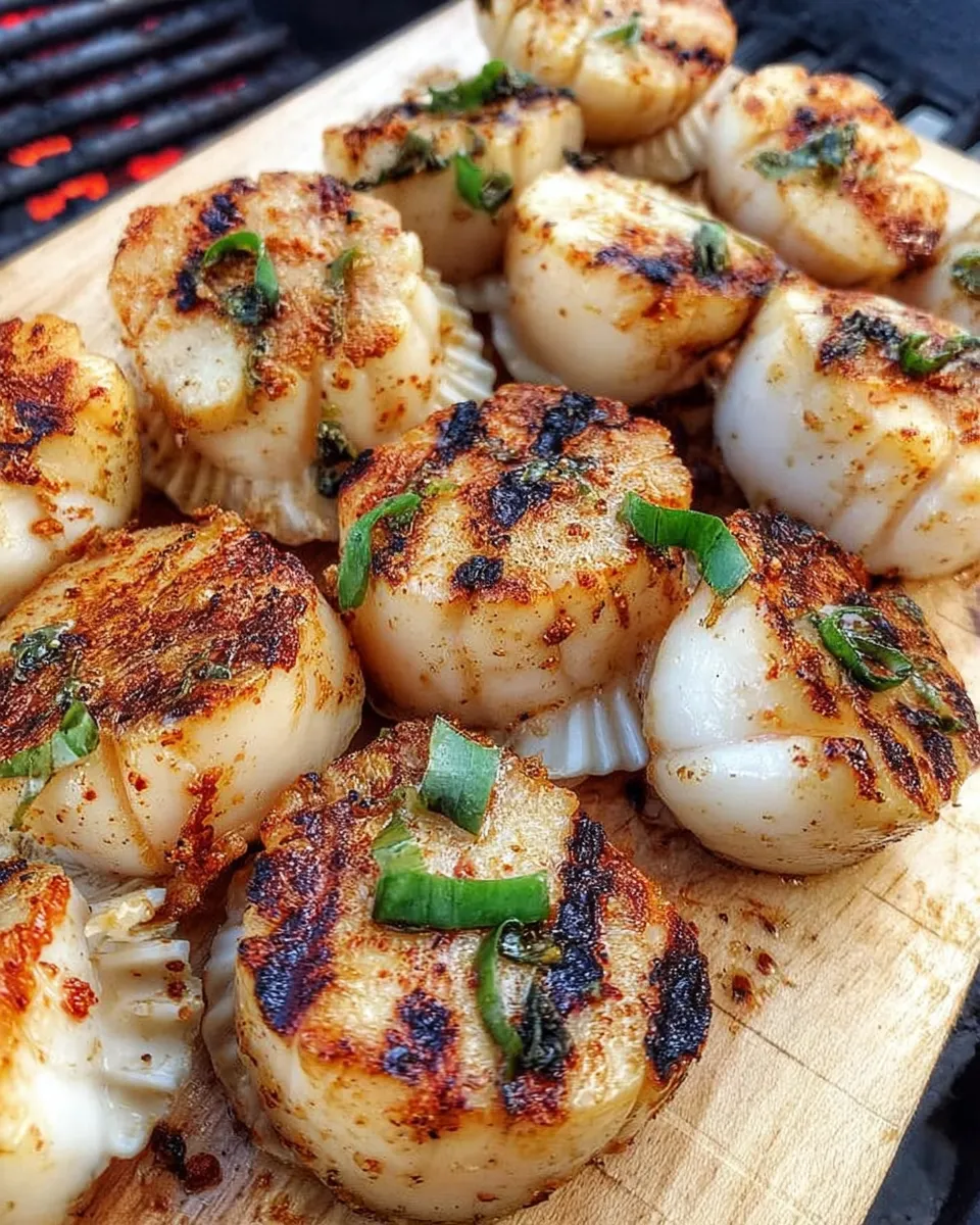 Perfectly grilled scallops with char marks, served with lemon wedges and fresh herbs