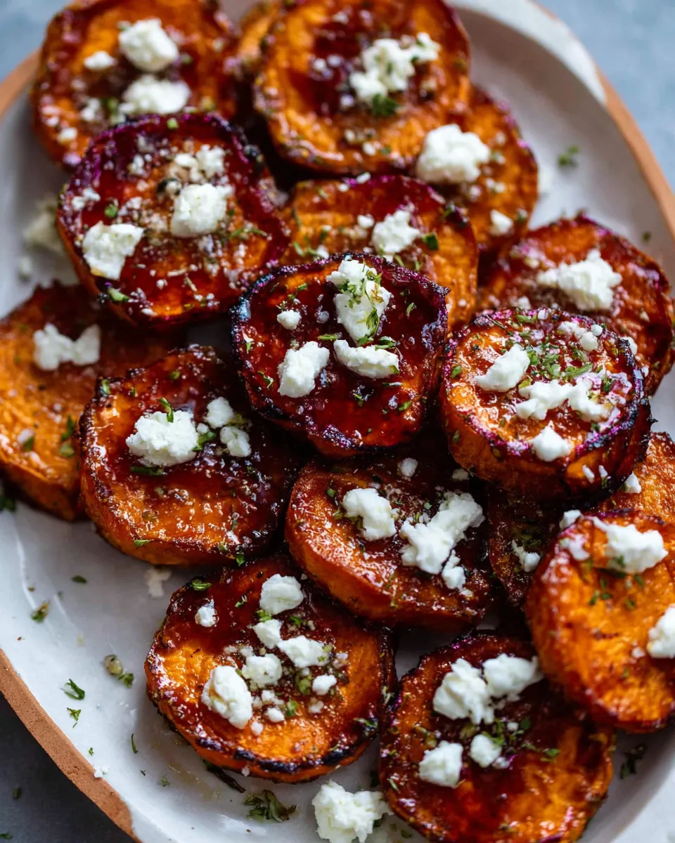 Honey-drizzled sweet potato rounds topped with whipped feta and herbs on a serving tray