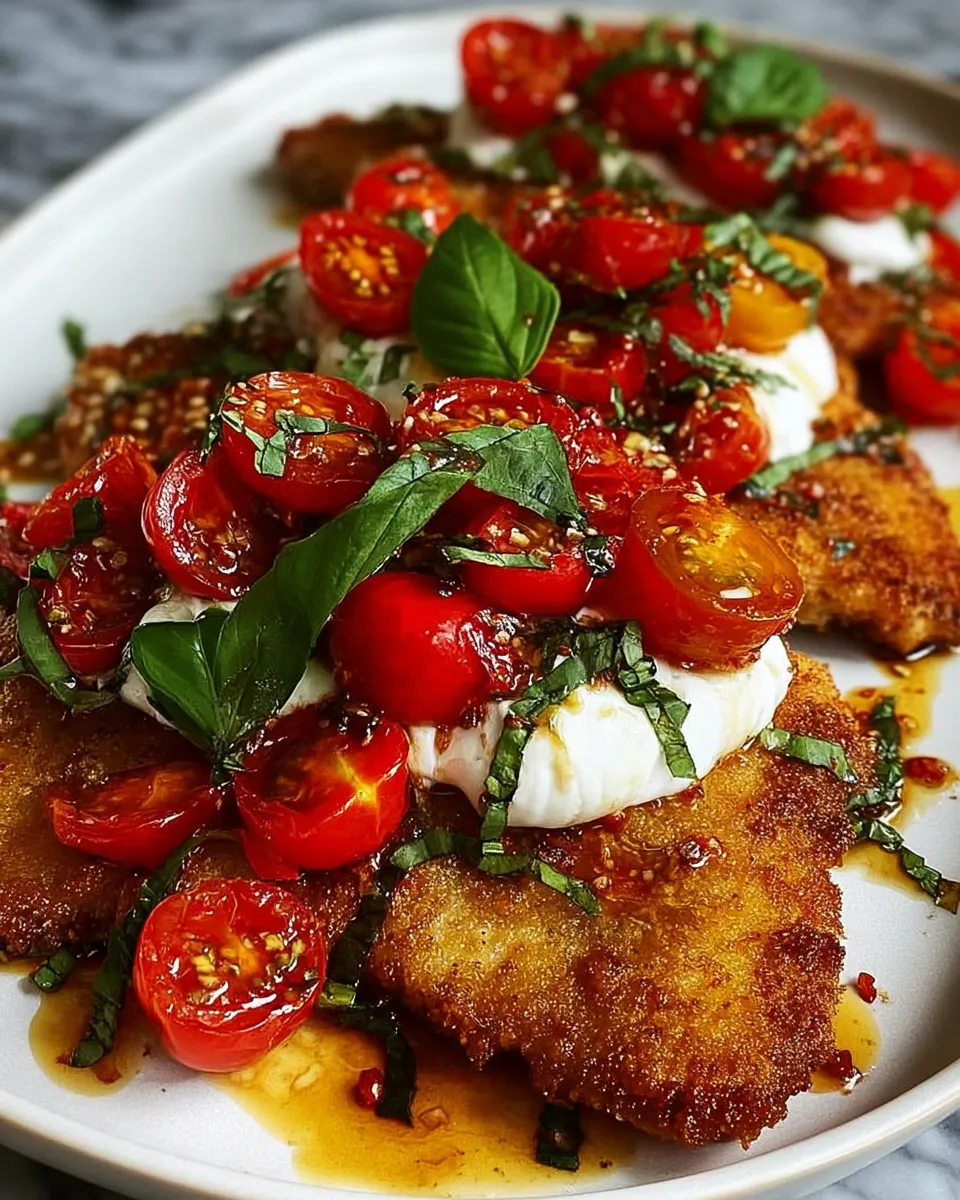 Crispy Italian chicken cutlets topped with fresh tomato, basil, and burrata on a white plate