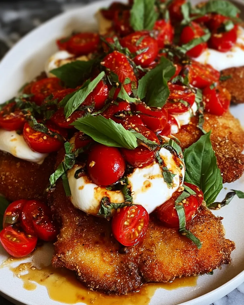 Crispy Italian chicken cutlets topped with fresh tomato, basil, and burrata on a white plate