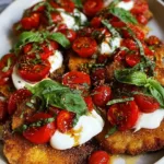Crispy Italian chicken cutlets topped with fresh tomato, basil, and burrata on a white plate