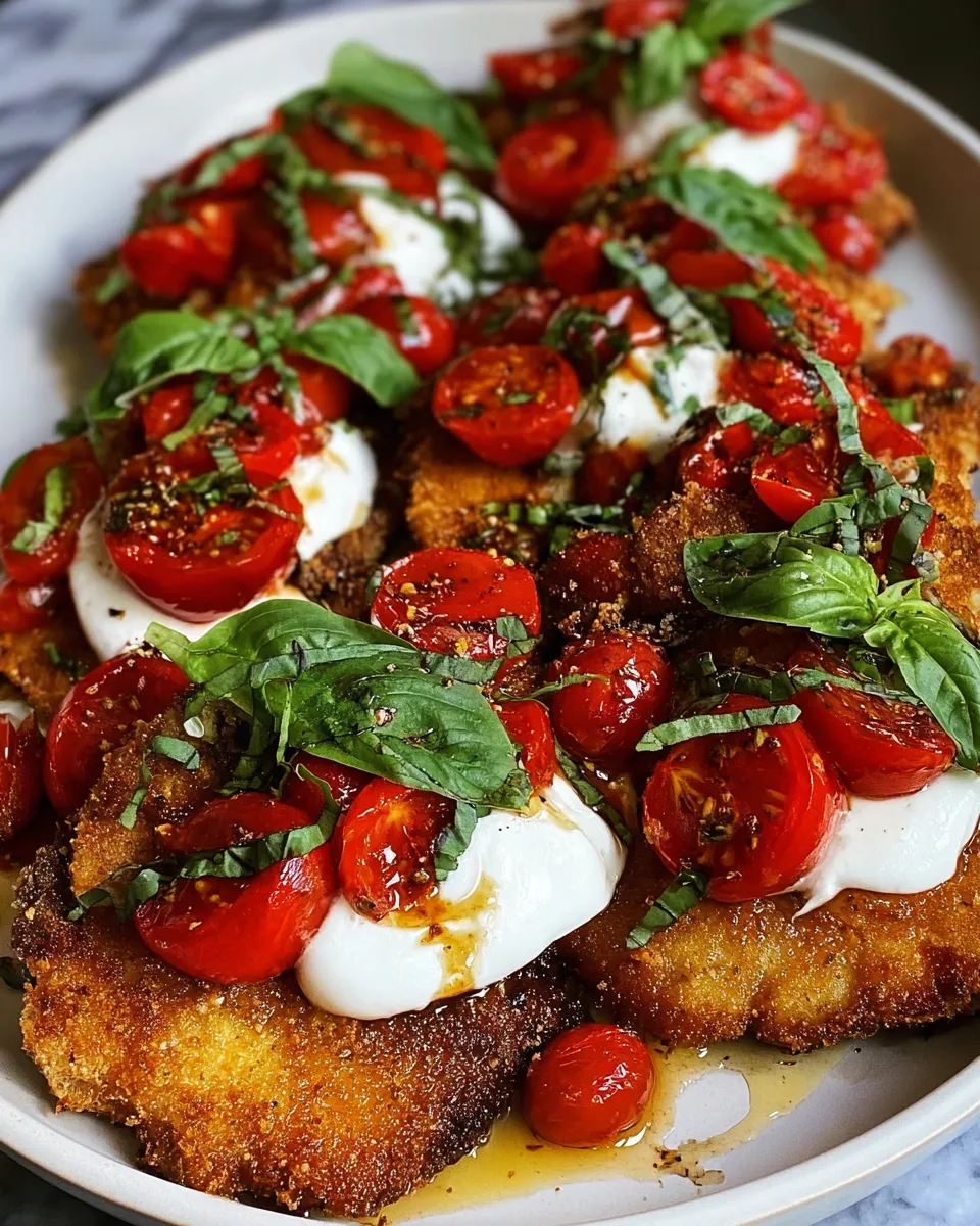 Crispy Italian chicken cutlets topped with fresh tomato, basil, and burrata on a white plate