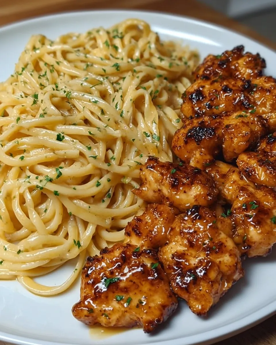 Creamy lemon garlic butter chicken served over parmesan pasta in a white bowl
