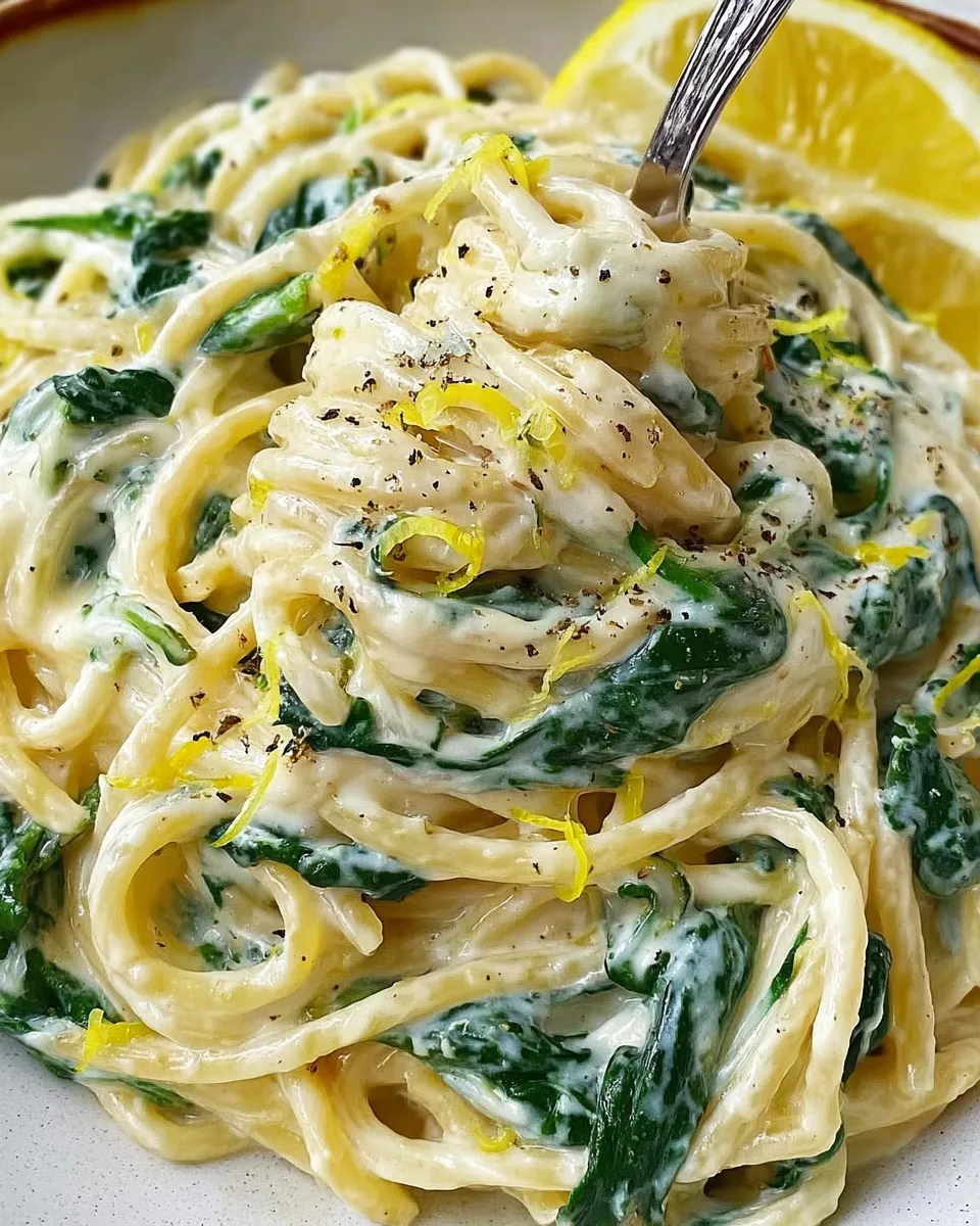 Lemon ricotta pasta being mixed with spinach
