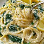 Creamy lemon ricotta spinach pasta in a bowl, garnished with lemon zest and parmesan