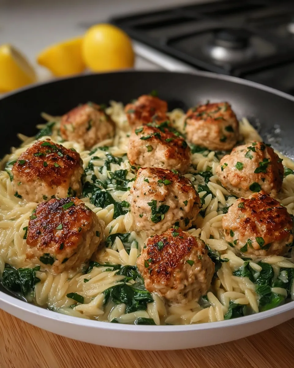 Garlic orzo with lemon chicken meatballs