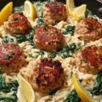 Lemony chicken ricotta meatballs on a bed of creamy garlic spinach orzo, garnished with herbs and lemon zest