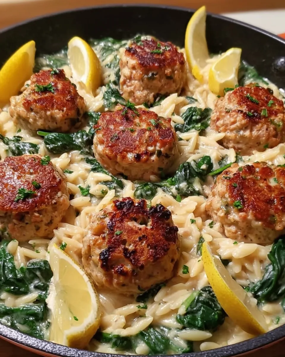 Lemony chicken ricotta meatballs on a bed of creamy garlic spinach orzo, garnished with herbs and lemon zest