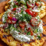 Loaded Mediterranean flatbread topped with whipped feta, tomatoes, cucumbers, olives, and herbs