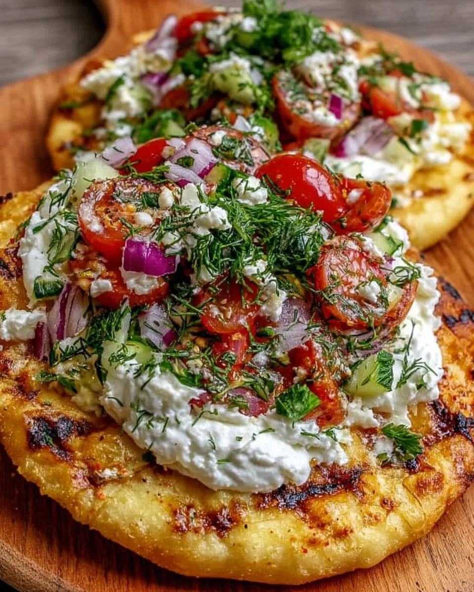 Loaded Mediterranean flatbread topped with whipped feta, tomatoes, cucumbers, olives, and herbs