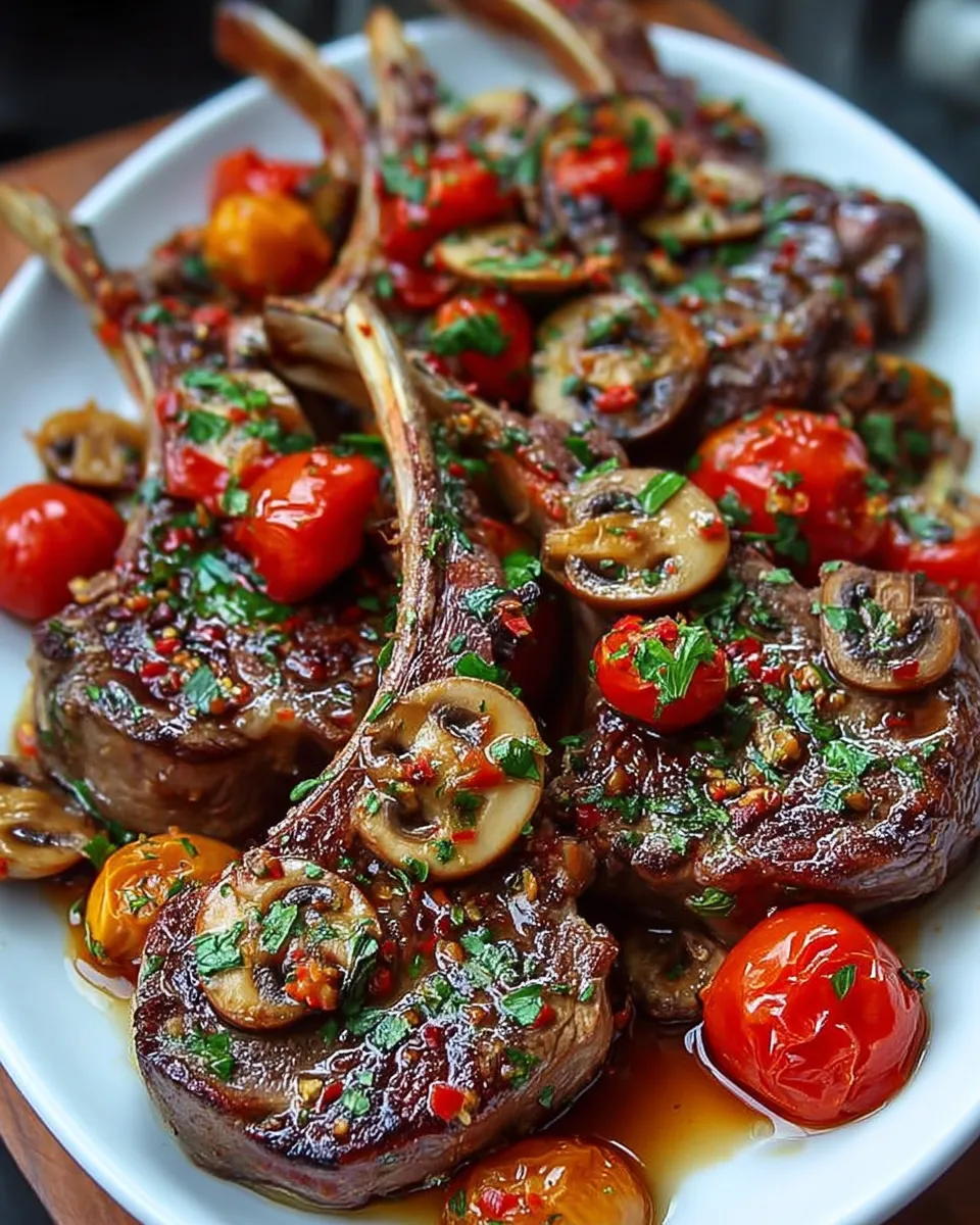 Marinated Greek lamb chops with mushrooms and tomatoes