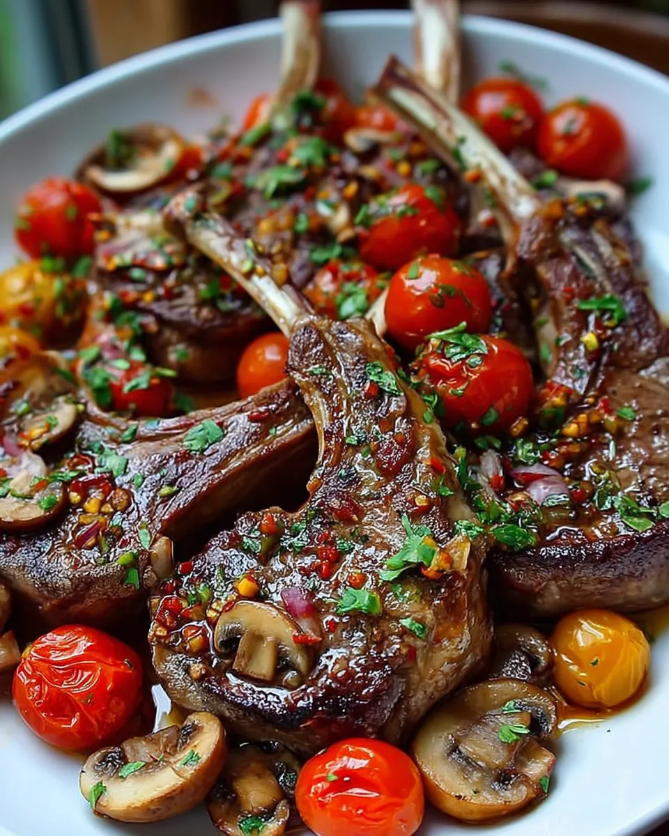 Marinated Greek lamb chops plated with Mediterranean sides