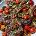Greek lamb chops served with mushrooms and cherry tomatoes on a rustic plate