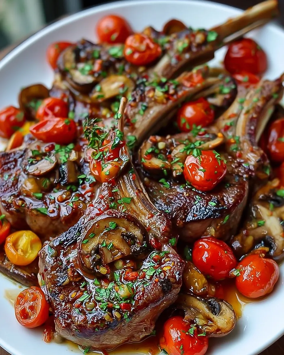 Greek lamb chops served with mushrooms and cherry tomatoes on a rustic plate