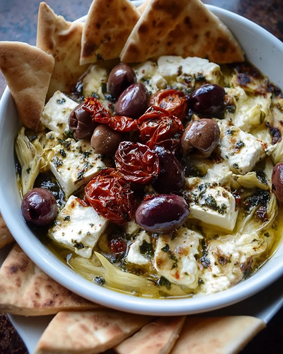 Mediterranean feta bake ingredients arranged in a ceramic dish