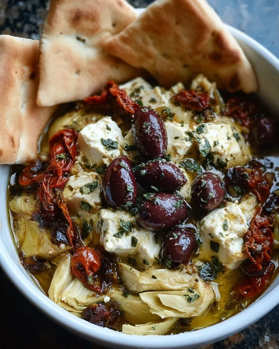 Baked Mediterranean feta with olives and pita