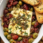 Mediterranean baked feta in a skillet with tomatoes, olives, herbs, and olive oil