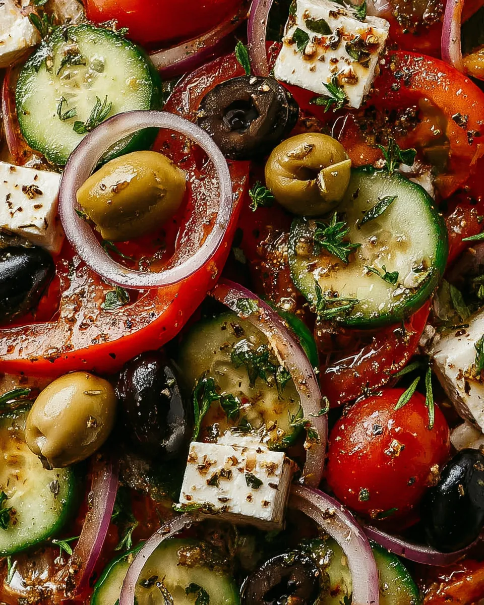 Greek salad ingredients laid out