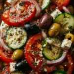 Fresh Mediterranean Greek salad with cucumber, tomato, red onion, feta, and olives