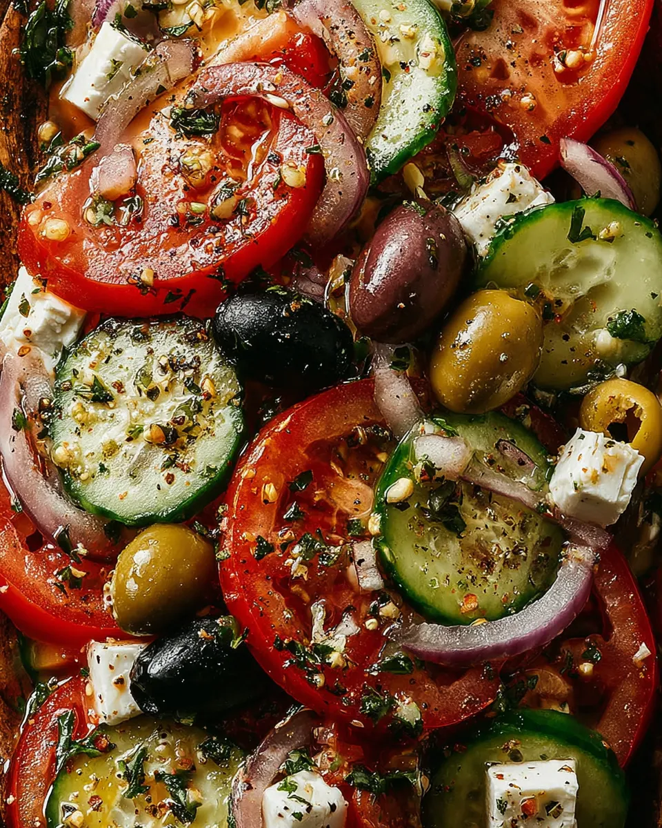 Fresh Mediterranean Greek salad with cucumber, tomato, red onion, feta, and olives