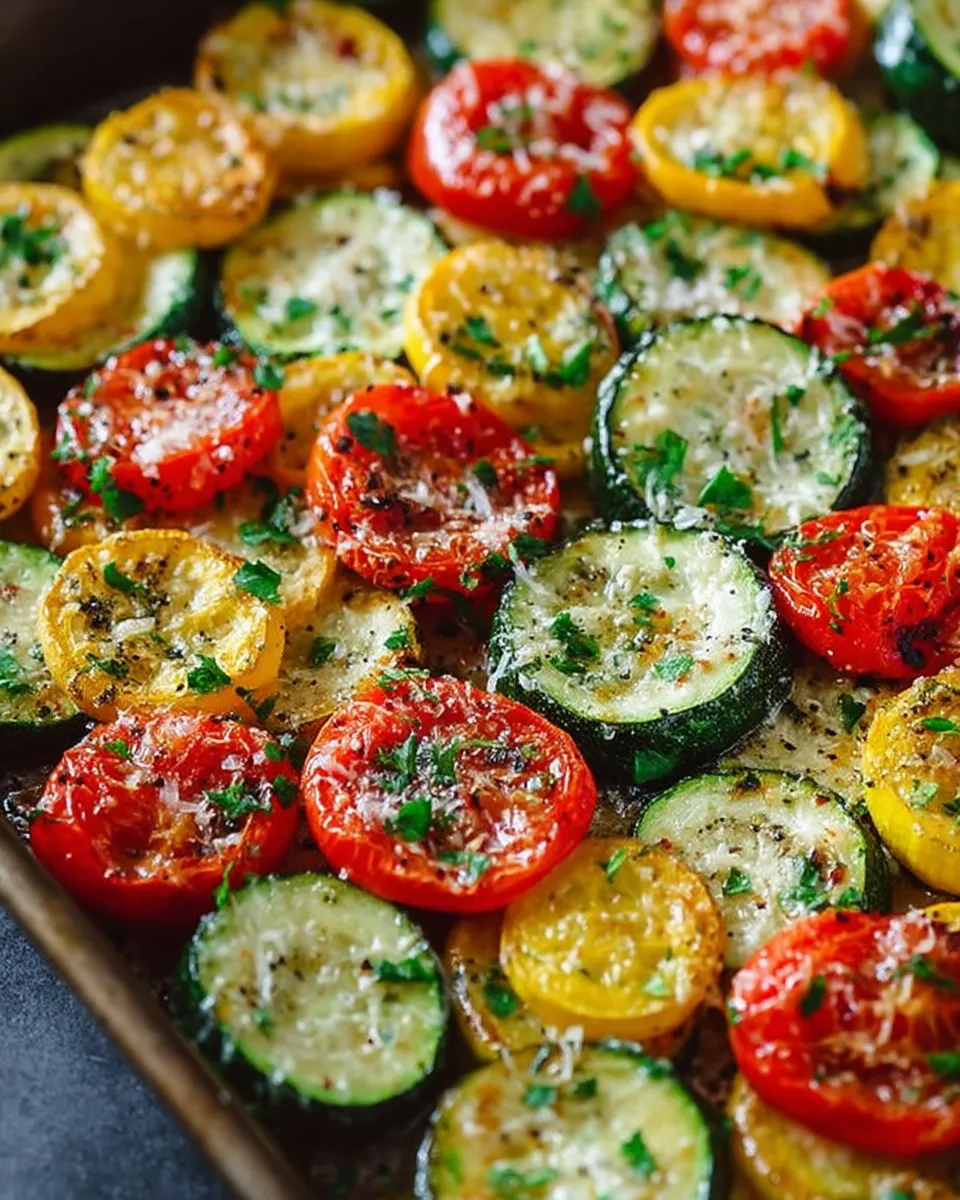 Oven-Roasted Zucchini and Tomatoes with Parmesan on sheet pan