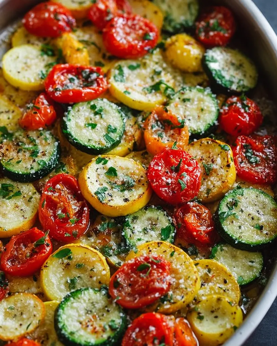 Roasted zucchini, squash, and cherry tomatoes topped with melted parmesan in a baking dish