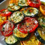 Roasted zucchini, squash, and cherry tomatoes topped with melted parmesan in a baking dish