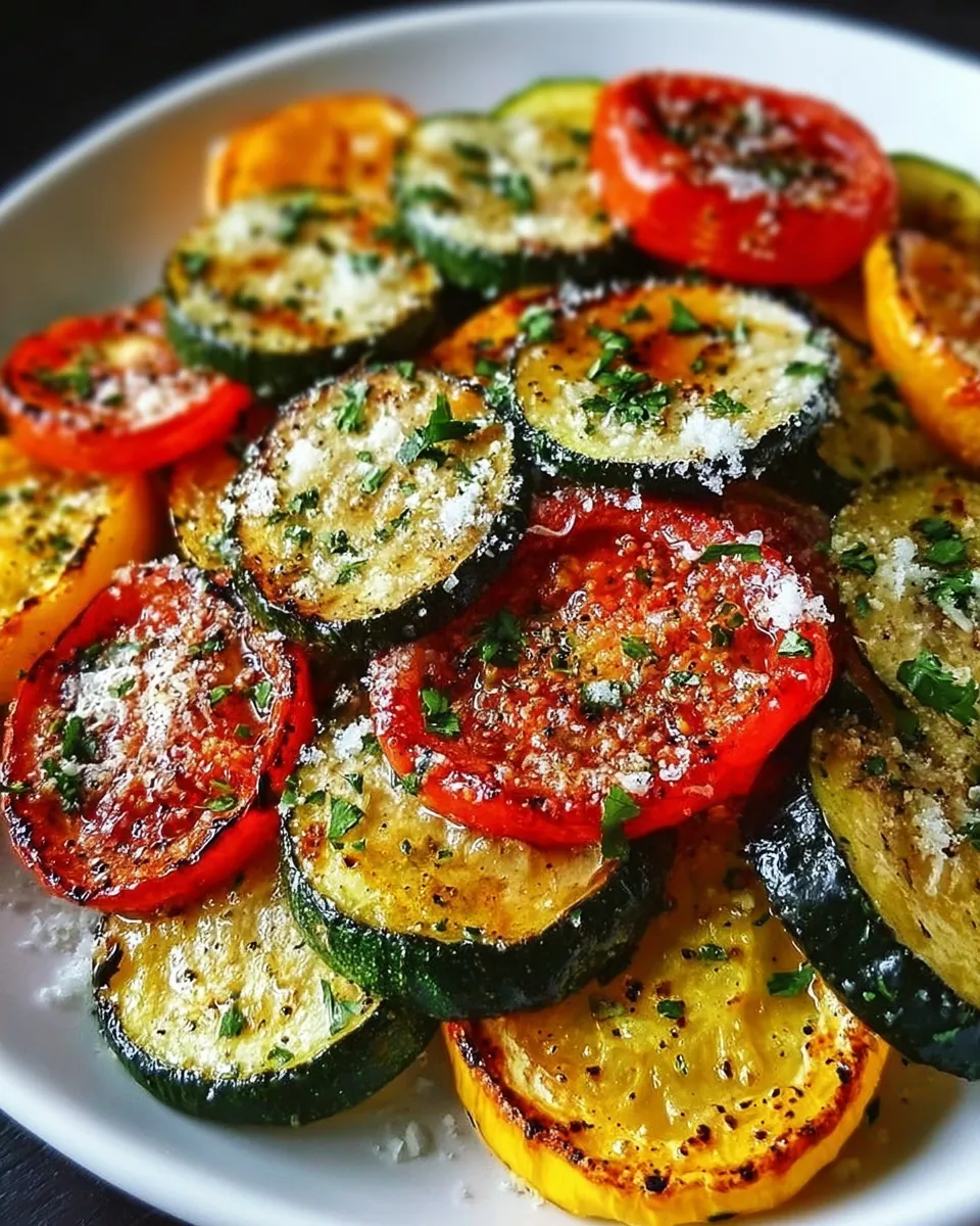 Roasted zucchini, squash, and cherry tomatoes topped with melted parmesan in a baking dish